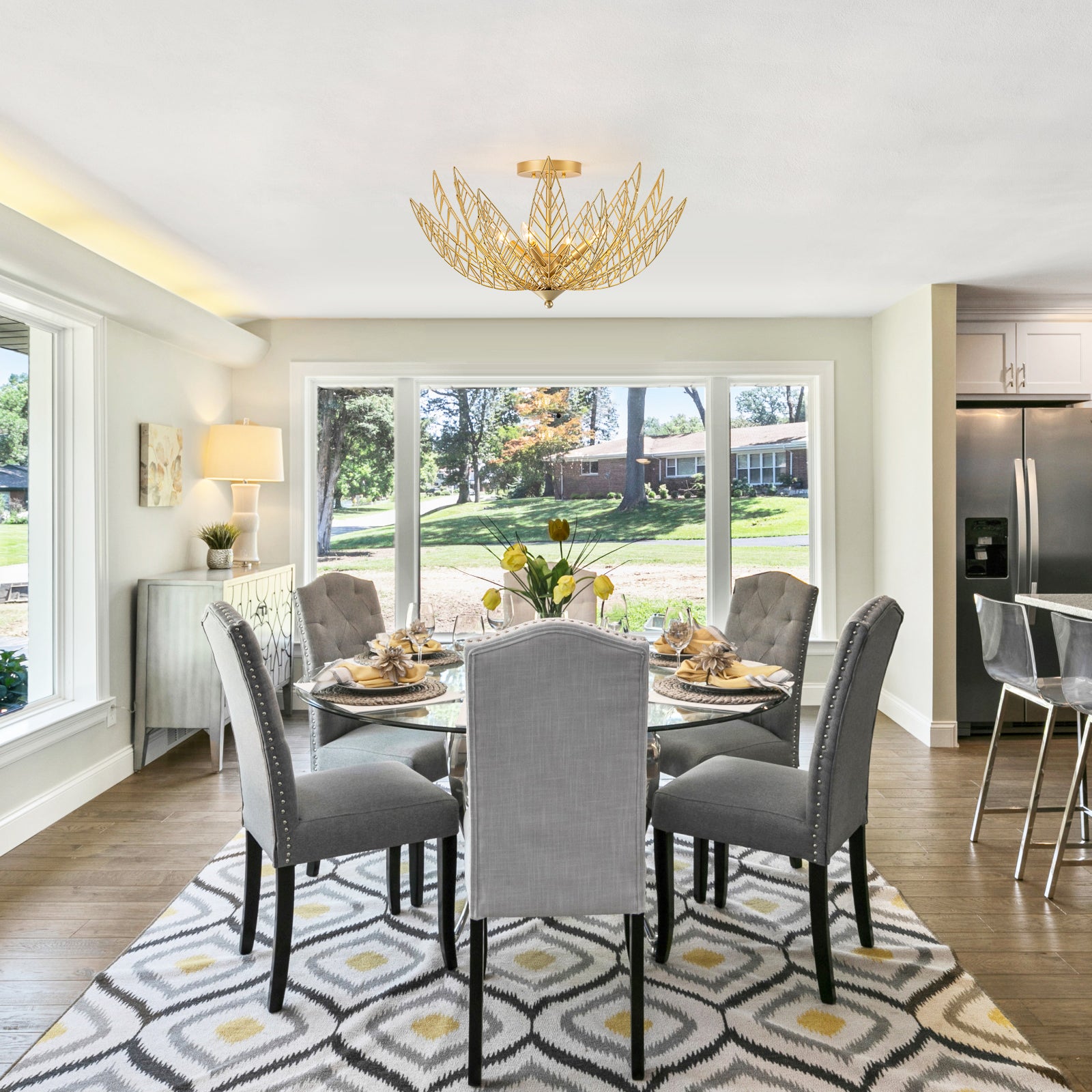 26 in. 4-Light Modern Luxury Gold Bowl Semi-Flush Mount Ceiling Light with Metal Leaf Shade