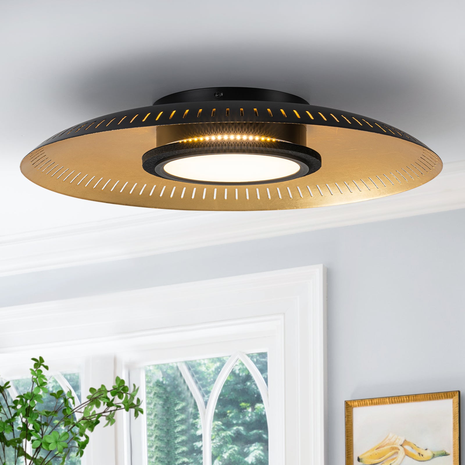 22.8 in. 1-Light Modern Industrial Black Dimmable LED Flush Mount Ceiling Light with Metal Dome Shade