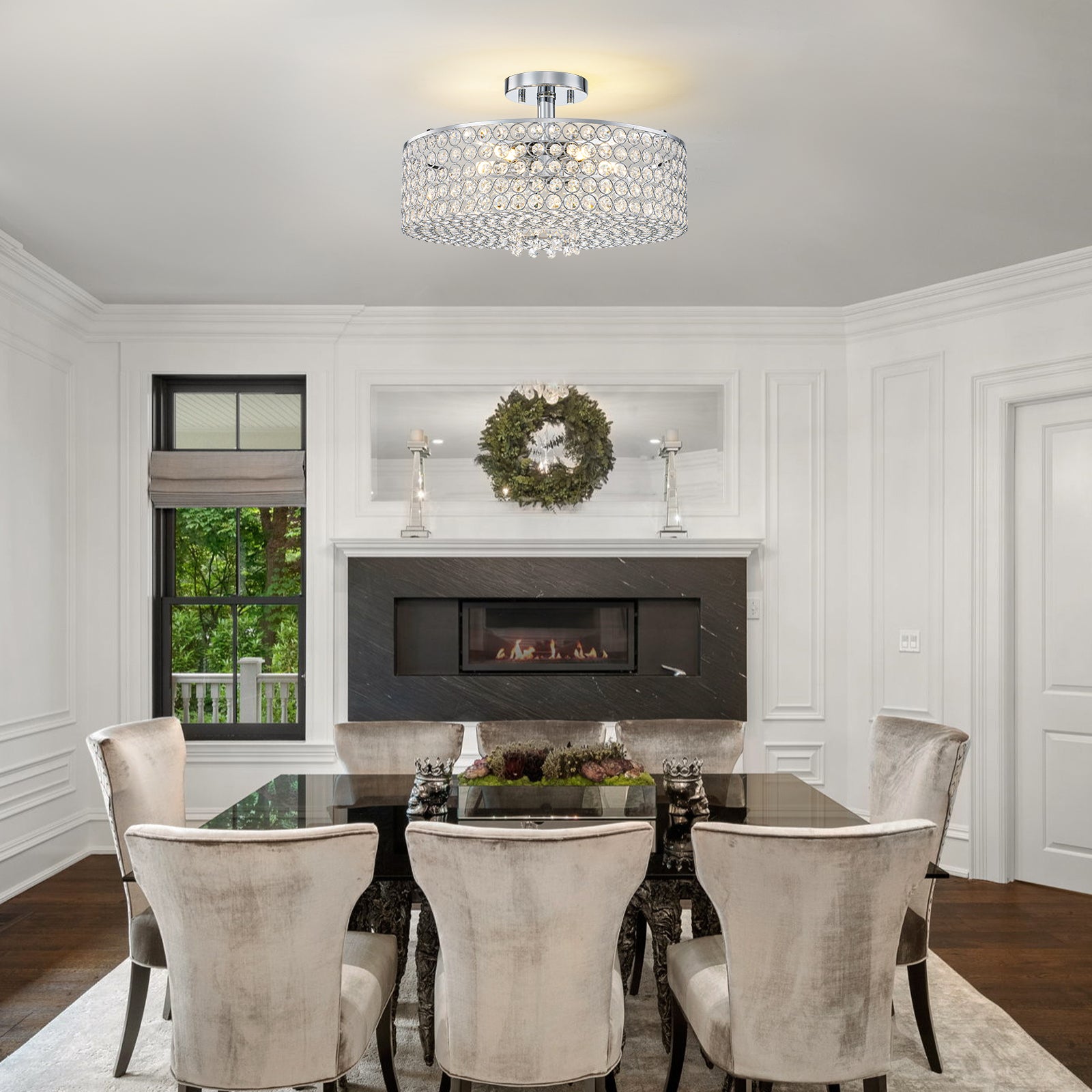 5-Light Chrome Round Modern Semi-Flush Mount Ceiling Light with Beaded Drum Crystal Shade for Living Room