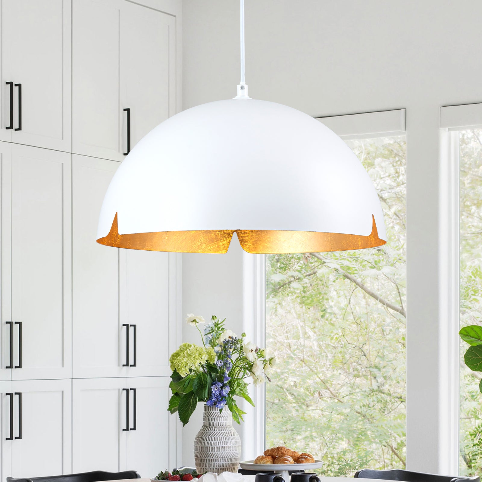 14.96 in. 1-Light Industrial Metal Black/White Dome Pendant Light with Iron Shade for Dining Rooms, Kitchens