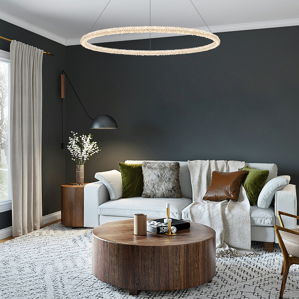 1-Light Modern Gold Metal Ring Crystal Integrated LED Pendant Light Dimmable Chandelier for Dining Room