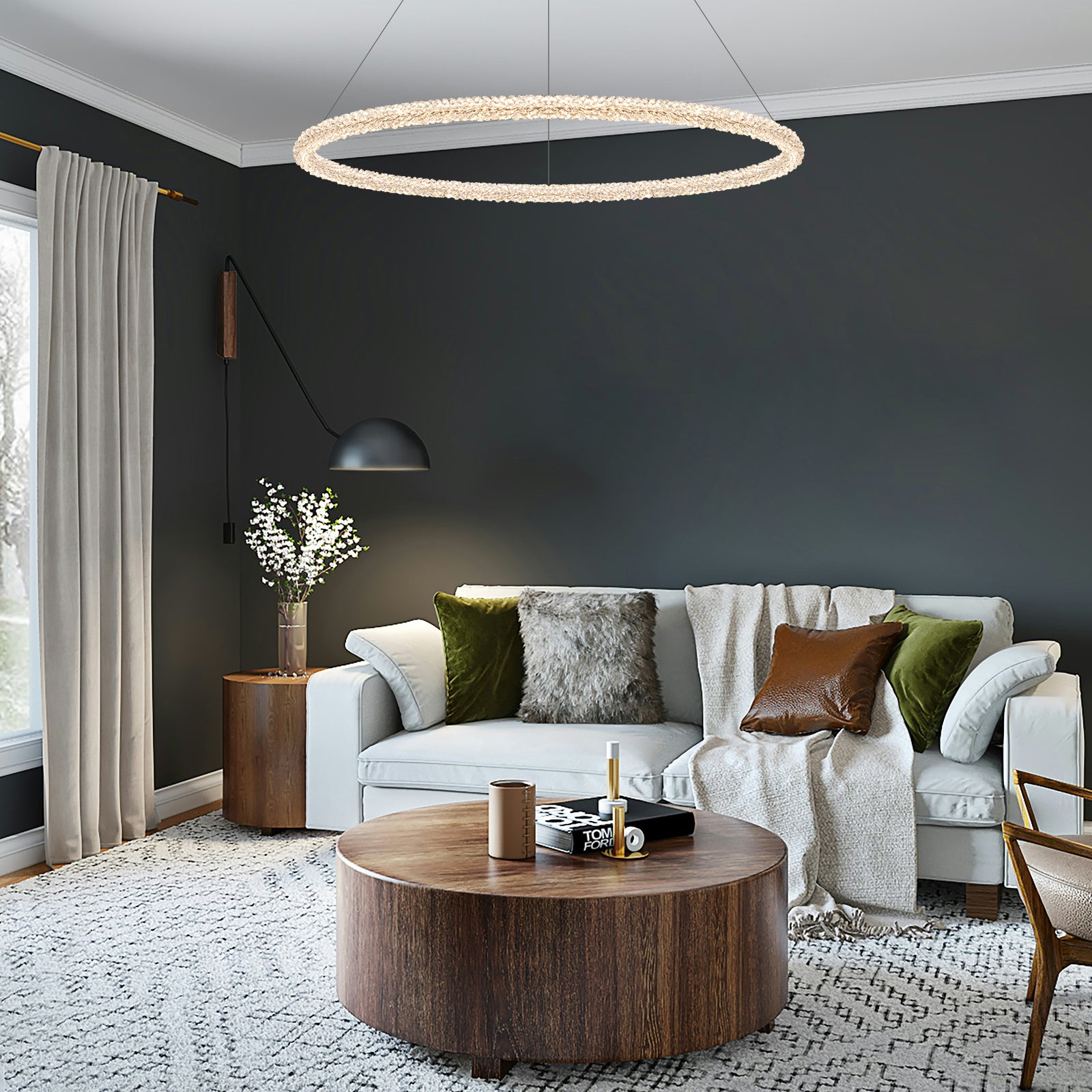 1-Light Modern Gold Metal Ring Crystal Integrated LED Pendant Light Dimmable Chandelier for Dining Room