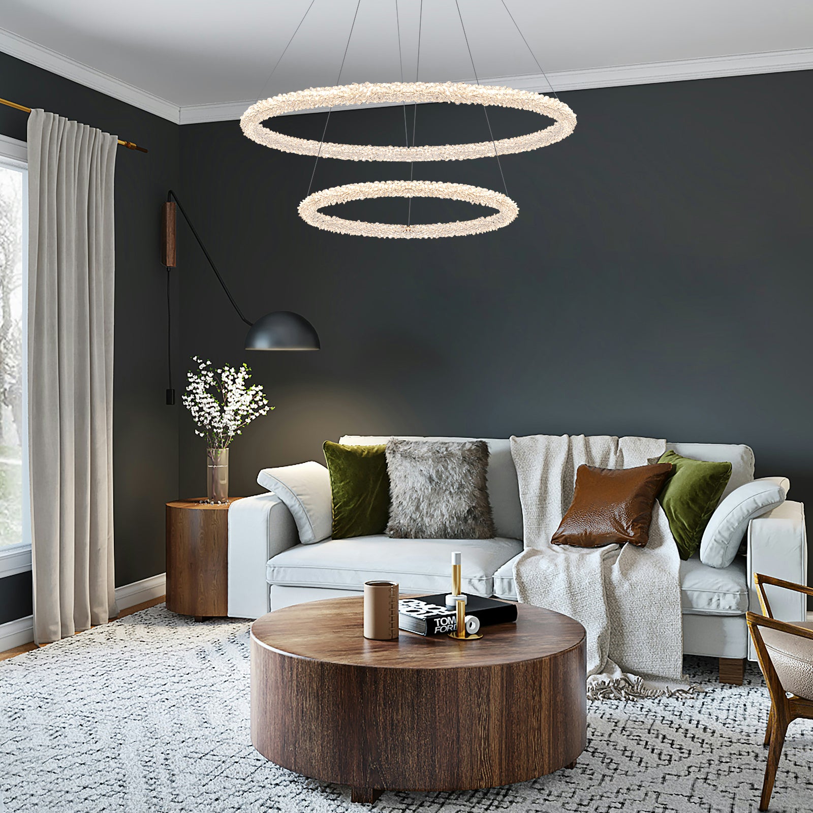 2-Light Modern Gold Double Ring Dimmable Integrated LED Chandelier Tiered Pendant Light with Crystal for Dining Room