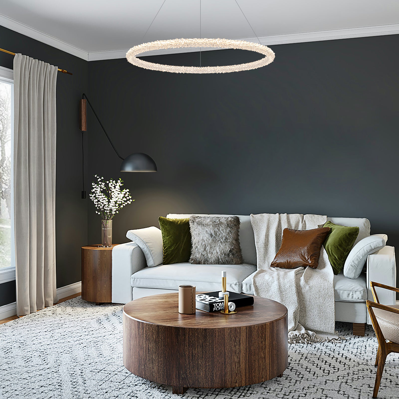 1-Light Modern Gold Metal Ring Crystal Integrated LED Pendant Light Dimmable Chandelier for Dining Room