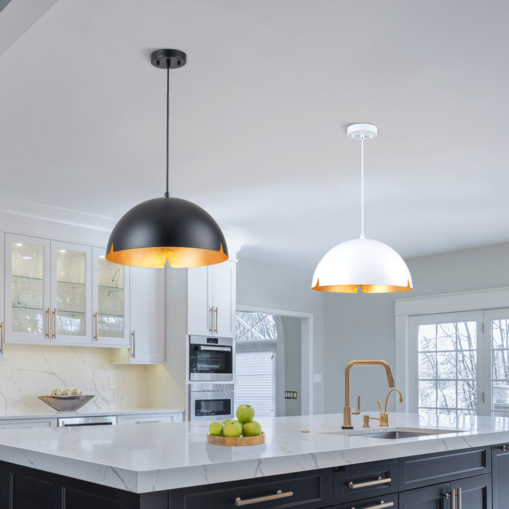 14.96 in. 1-Light Industrial Metal Black/White Dome Pendant Light with Iron Shade for Dining Rooms, Kitchens