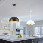 14.96 in. 1-Light Industrial Metal Black/White Dome Pendant Light with Iron Shade for Dining Rooms, Kitchens