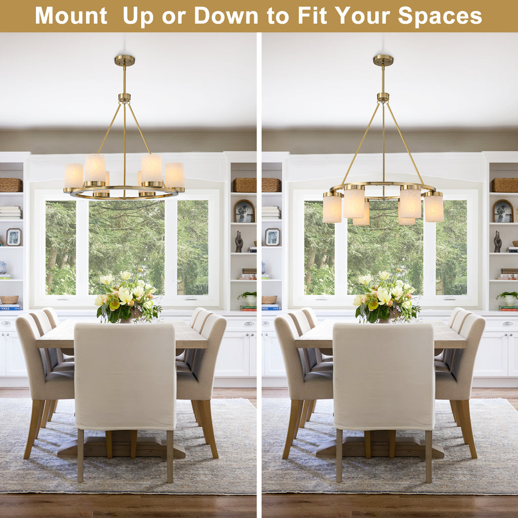 26 in. 6-Light Modern Brass Metal Chandelier with Cylinder Glass Shades for Kitchen Island, Dining Room