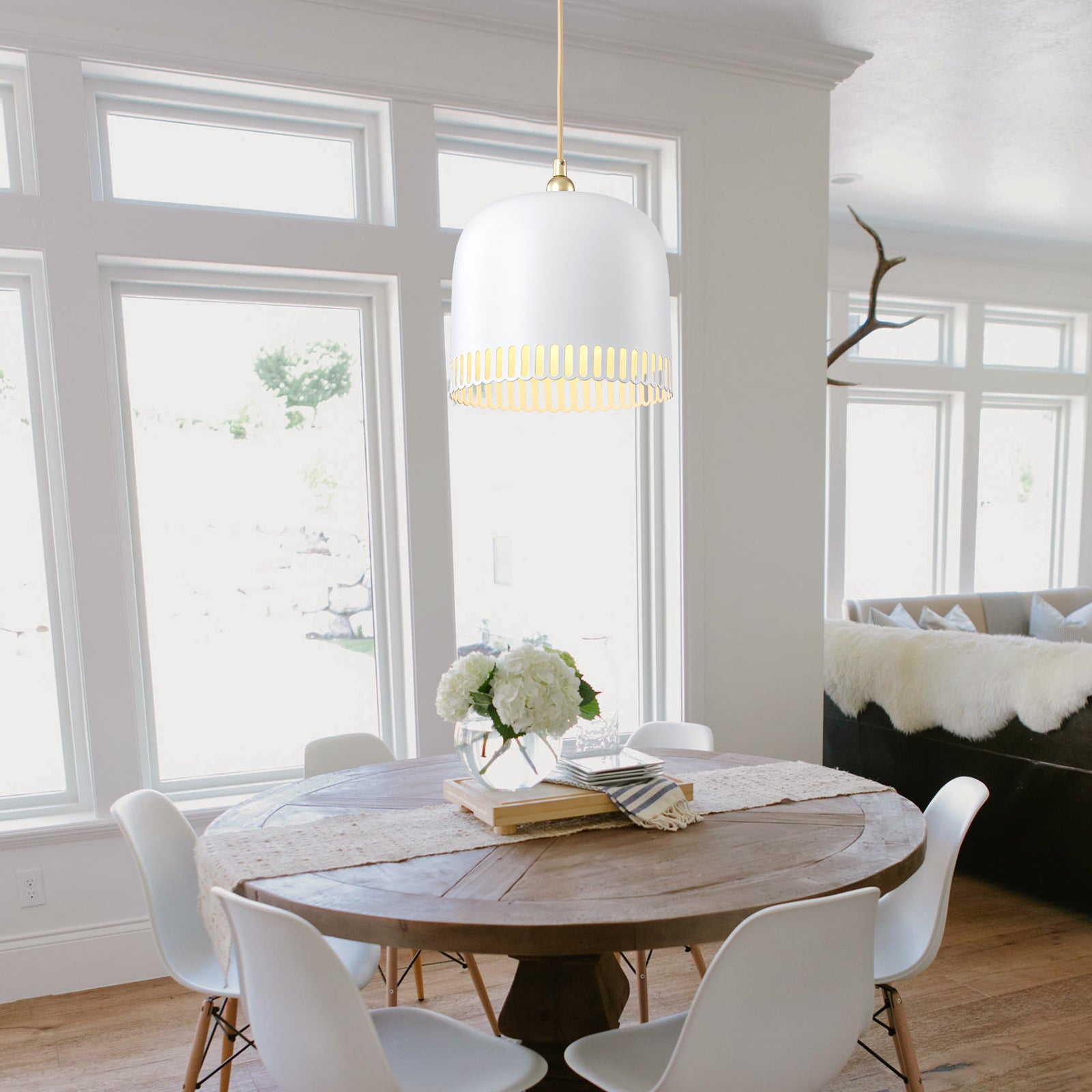 1-Light Gold Iron Semi-Domed Shape Pendant Light with Matte White Metal Shade Hollow Out Design for Living Room