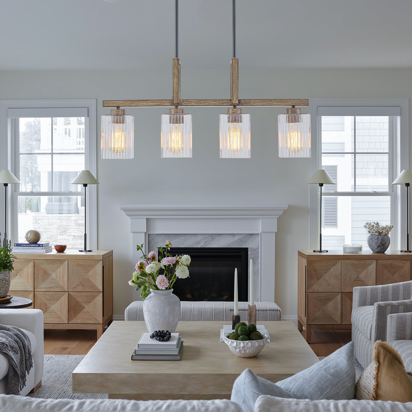 30.5 in. 4-Light Modern Farmhouse Matte Black Linear Chandelier with Faux Wood Accent Island Pendant with Glass Shades