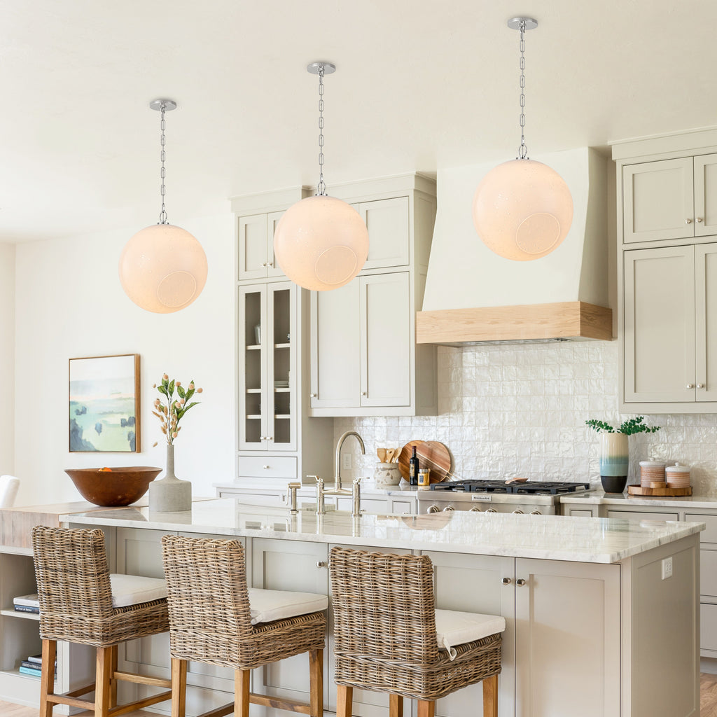 Chrome Modern Globe Hanging Pendant Light with White Bubble Glass Shade for Kitchen Island, Dining