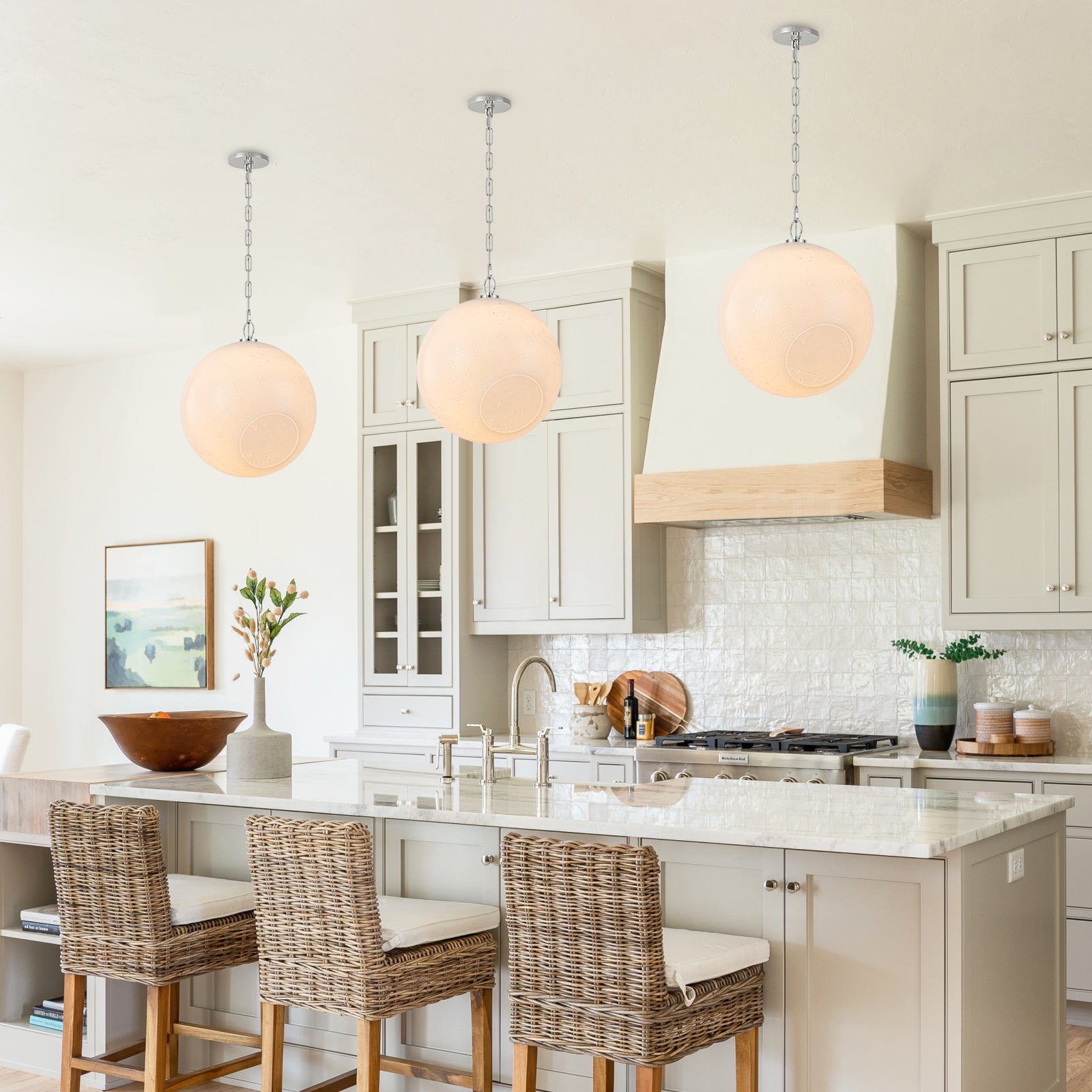 Chrome Modern Globe Hanging Pendant Light with White Bubble Glass Shade for Kitchen Island, Dining