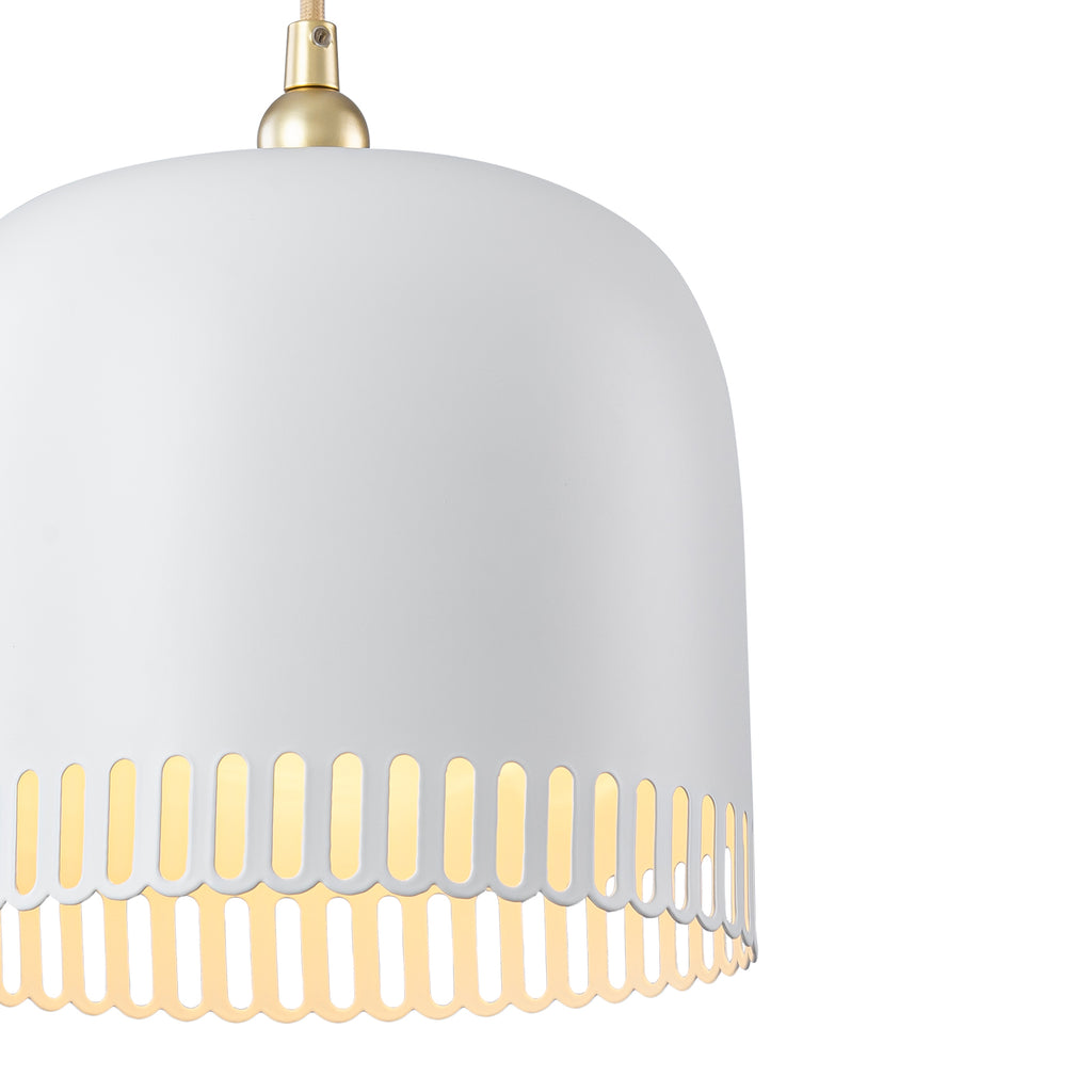 1-Light Gold Iron Semi-Domed Shape Pendant Light with Matte White Metal Shade Hollow Out Design for Living Room