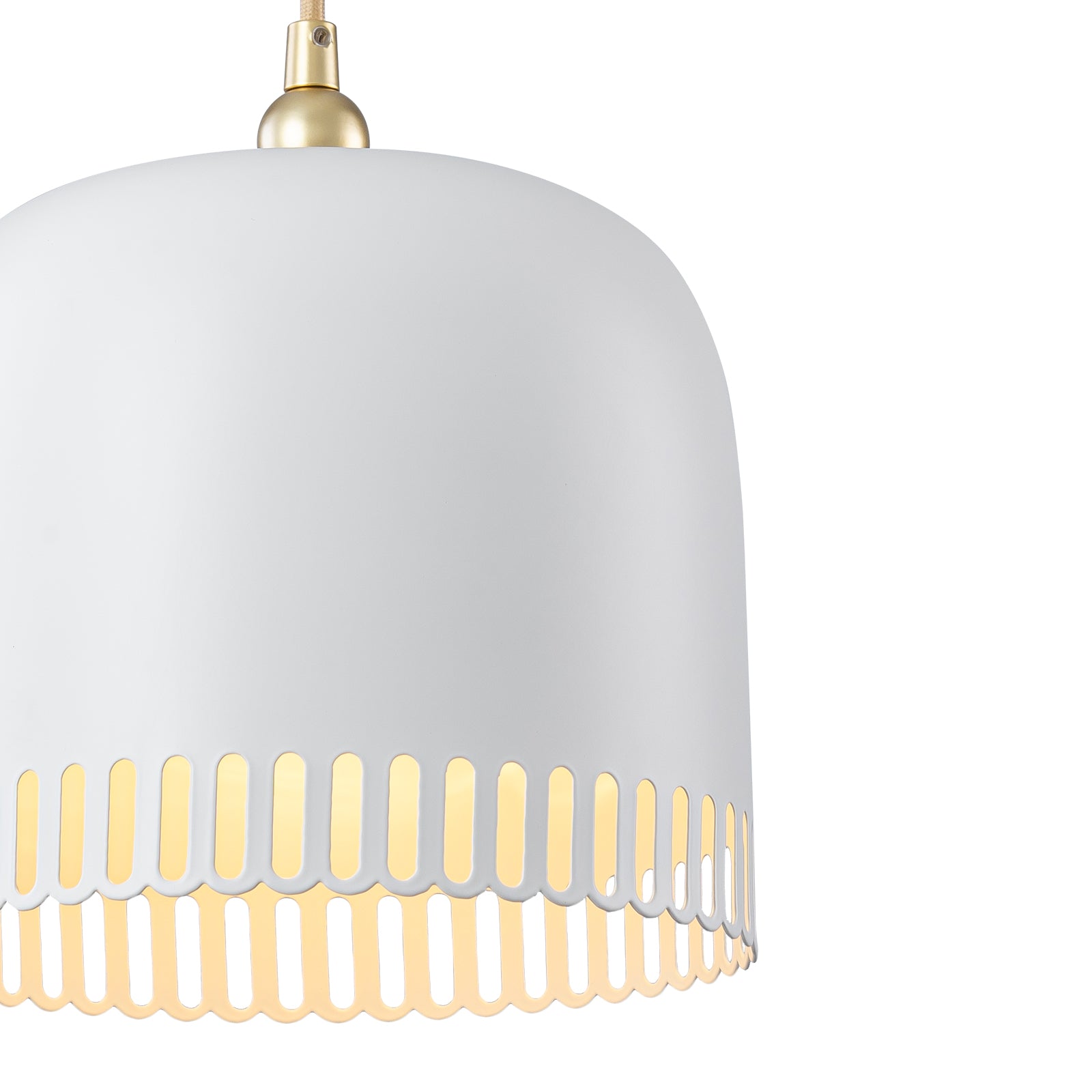 1-Light Gold Iron Semi-Domed Shape Pendant Light with Matte White Metal Shade Hollow Out Design for Living Room