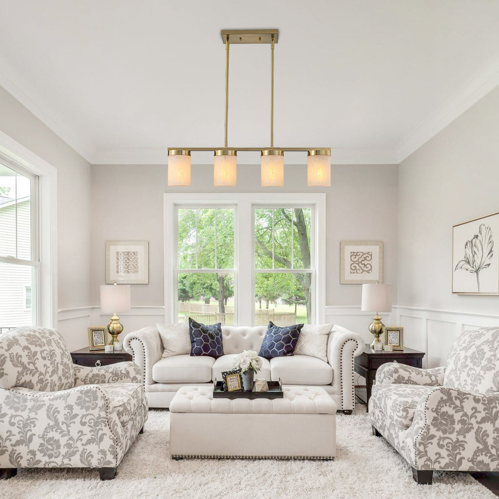 28.94 in. 4-Light Modern Copper Metal Linear Chandelier Island Pendant Light with Cylinder Glass Shades for Dining Room
