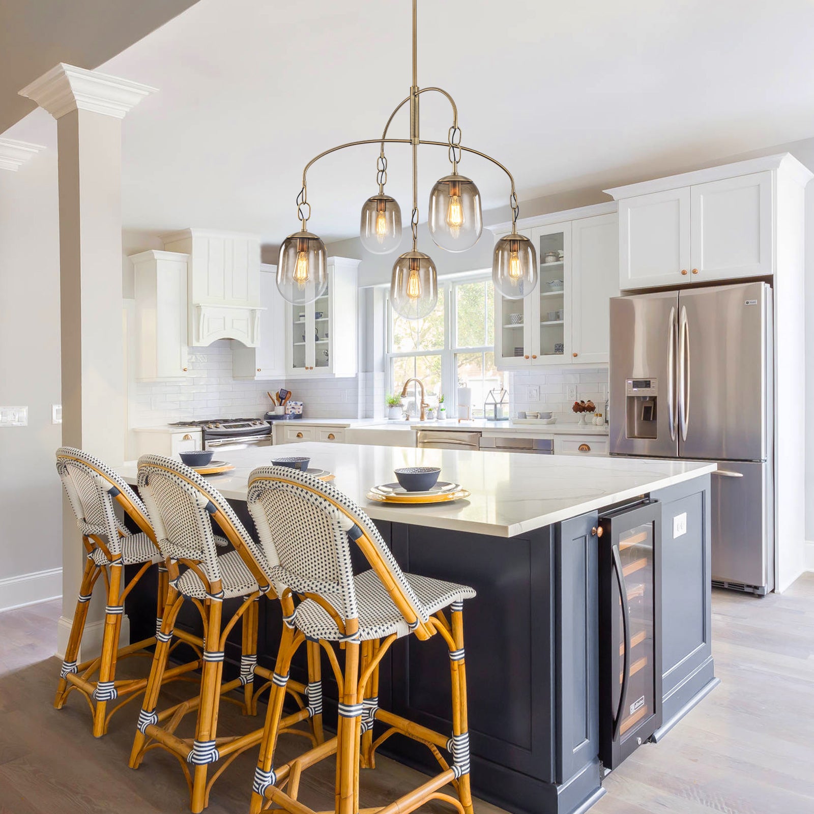 5/7-Light 2/3-Tier Antique Gold Metal Chandelier Pendant with Oval Glass Shades for Living Room, Kitchen Island