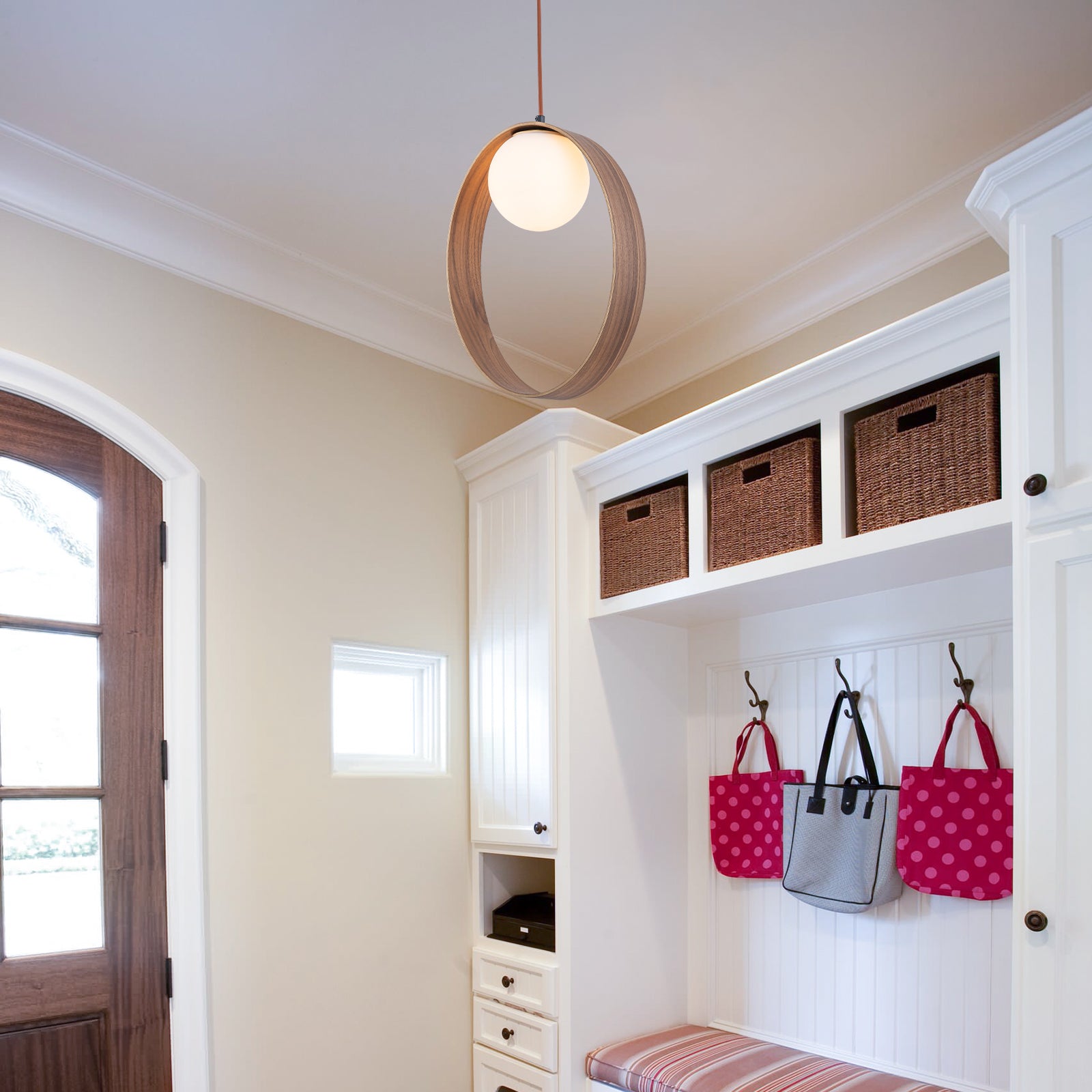 12 in. 1-Light Modern Walnut Oval Globe Pendant Light with White Glass Shade for Dining Room, Kitchen Island