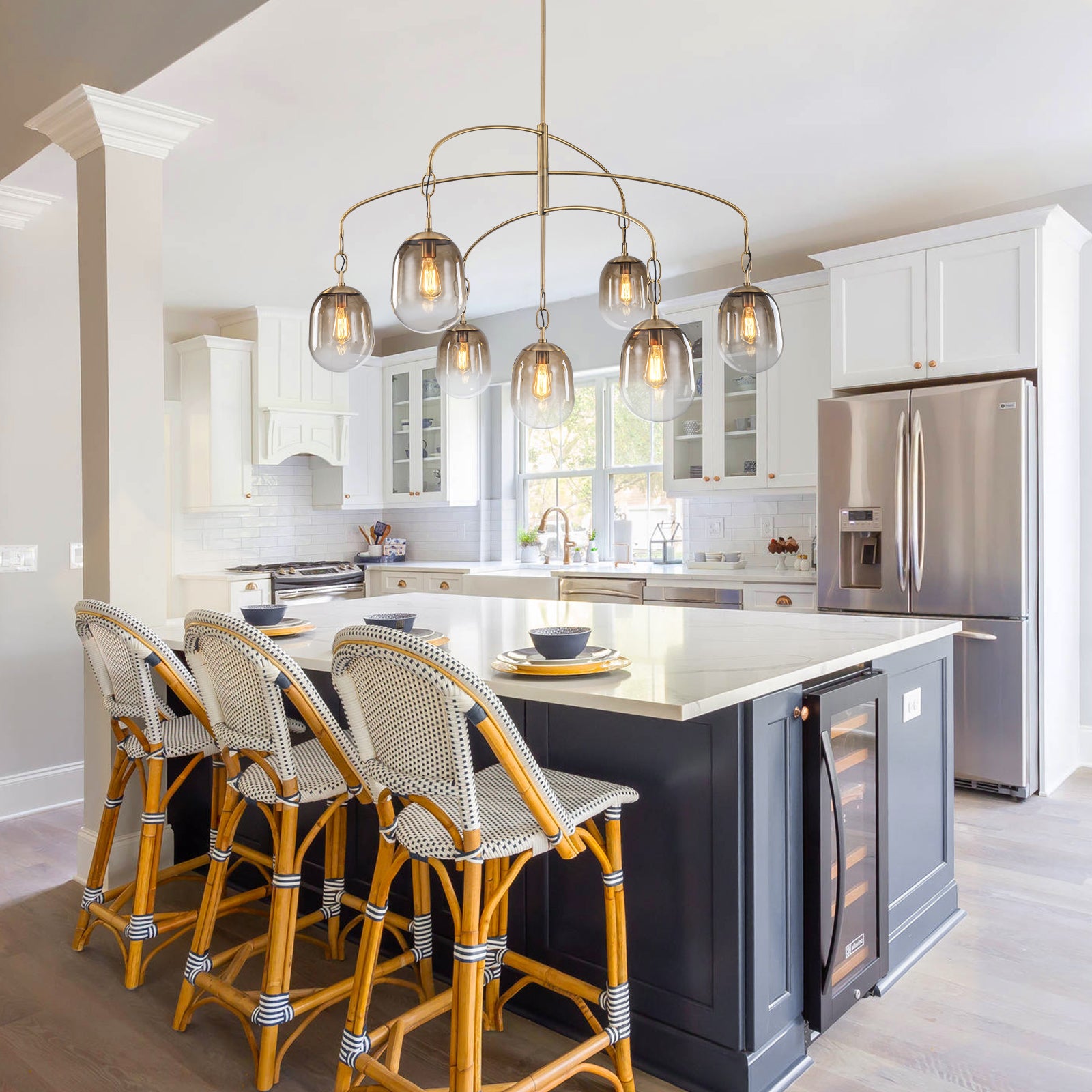 5/7-Light 2/3-Tier Antique Gold Metal Chandelier Pendant with Oval Glass Shades for Living Room, Kitchen Island