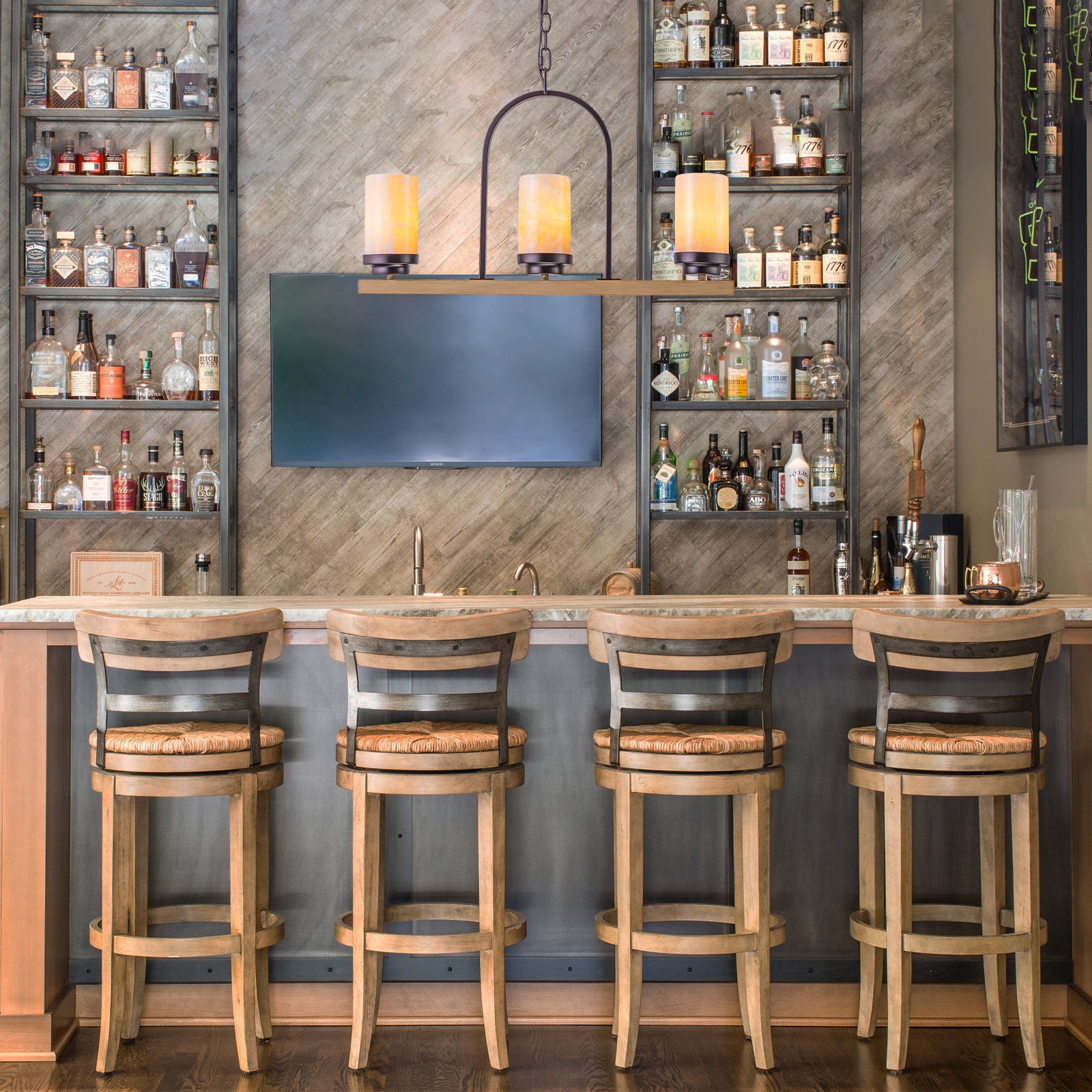 25 in. 3-Light Rustic Industrial Onyx Pendant Light w/Faux Wood Accent & U-Shaped Iron Frame