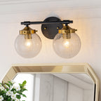 13.62 in. 2-Light Matte Black and Gold Metal Vanity Light with Clear Glass Shades for Bathroom