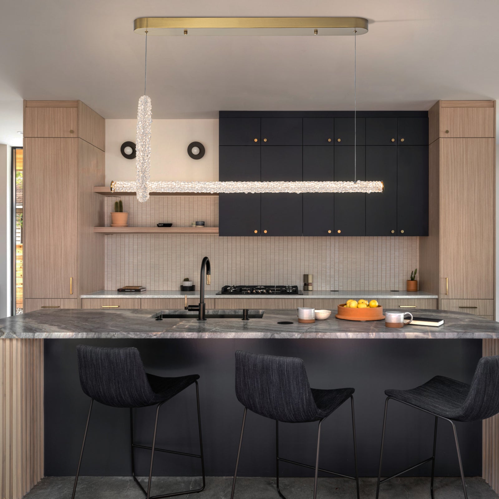 2-Light Modern Luxury Gold Ring & Bar Dimmable Integrated LED Chandelier Pendant Light with Crystal for Dining Room