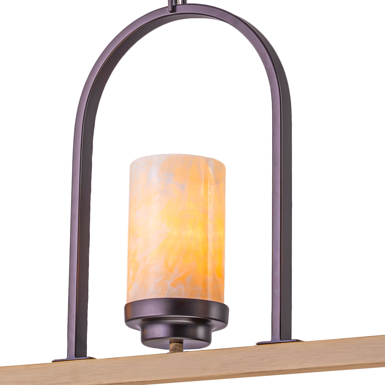25 in. 3-Light Rustic Industrial Onyx Pendant Light w/Faux Wood Accent & U-Shaped Iron Frame