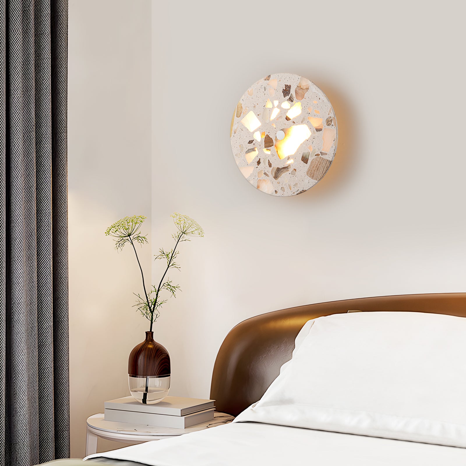 8.07 in. 1-Light Modern Round Dimmable LED Wall Sconce Light with Mable Terrazzo Shade for Bedroom Foyer Hallway