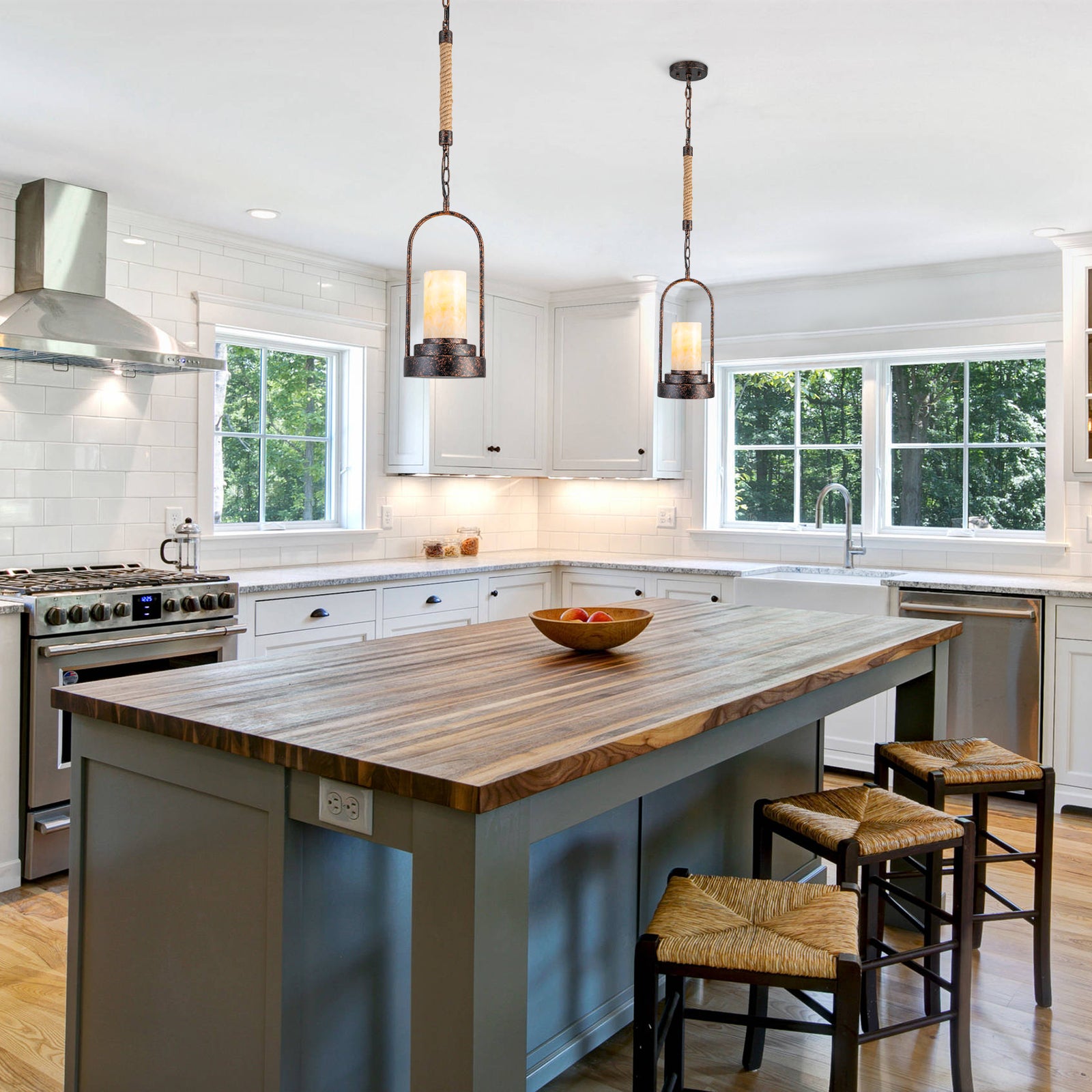 6.69 in. 1-Light Vintage Industrial U-Shaped Iron Pendant Light with Natural Onyx Shade