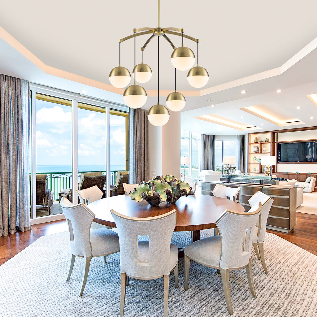 27.4 in. 7-Light Modern Brass Metal Globe Chandelier Hanging Light with White Glass Shades for Living Room