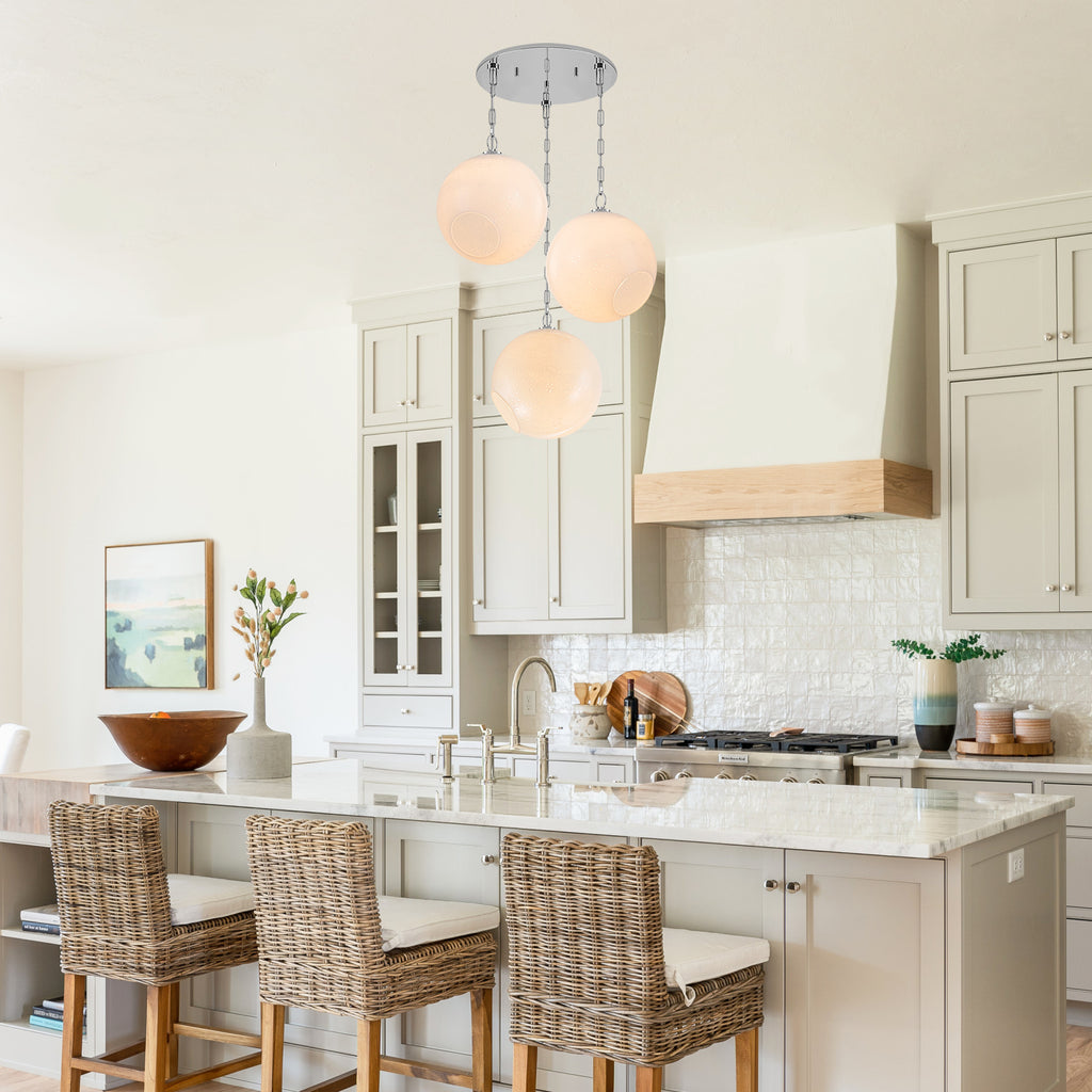 Chrome Modern Globe Hanging Pendant Light with White Bubble Glass Shade for Kitchen Island, Dining