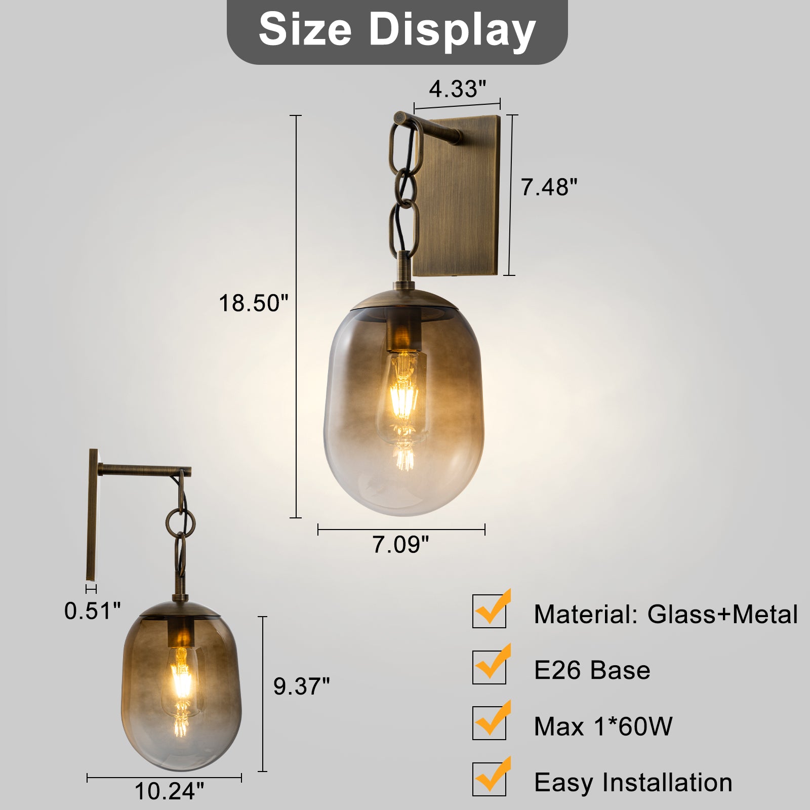 7.09 in. 1-Light Antique Metal Wall Sconce with Oval Gradient Color Glass Shade for Bedroom, Bathroom, Hallway