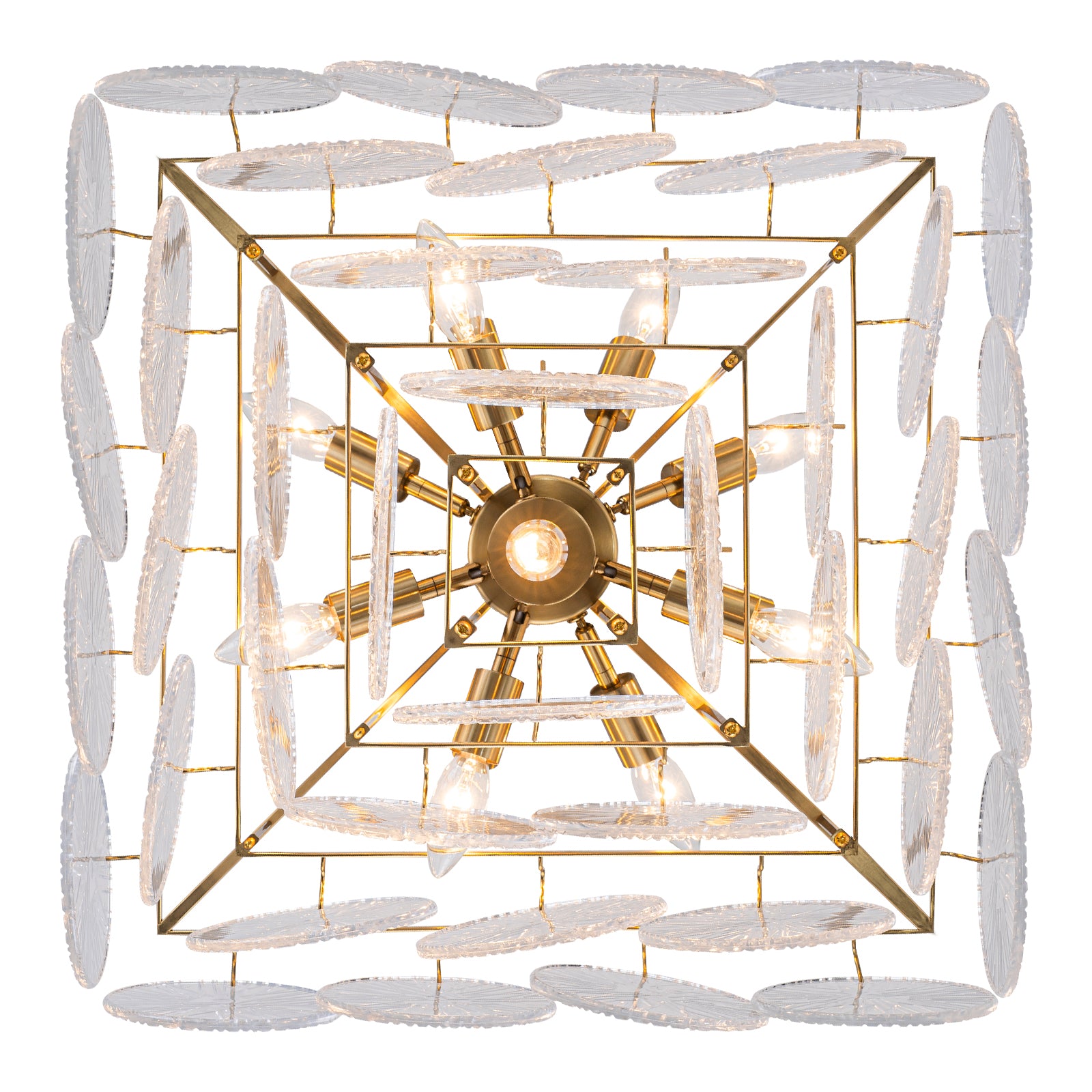 24 in. 13-Light Modern Gold Square Tiered Chandelier with Textured Clear Glass Petal Shades for Living Room