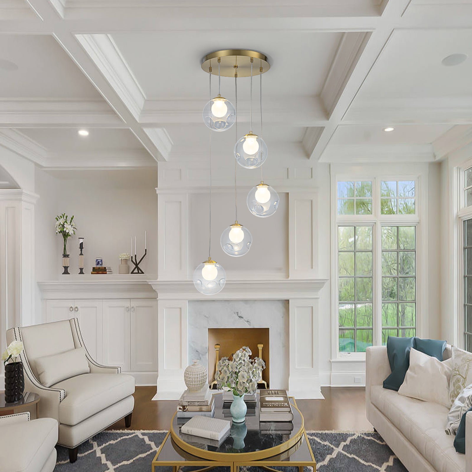5-Light Modern Gold Metal LED Chandelier Pendant Light with Clear Globe Shades for Entryway, Living Room