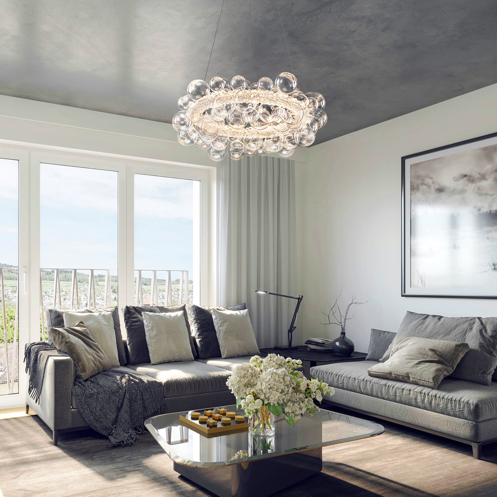 1-Light Gold Modern Round Globe Crystal Integrated LED Chandelier Dimmable Pendant Light with Glass Bubbles
