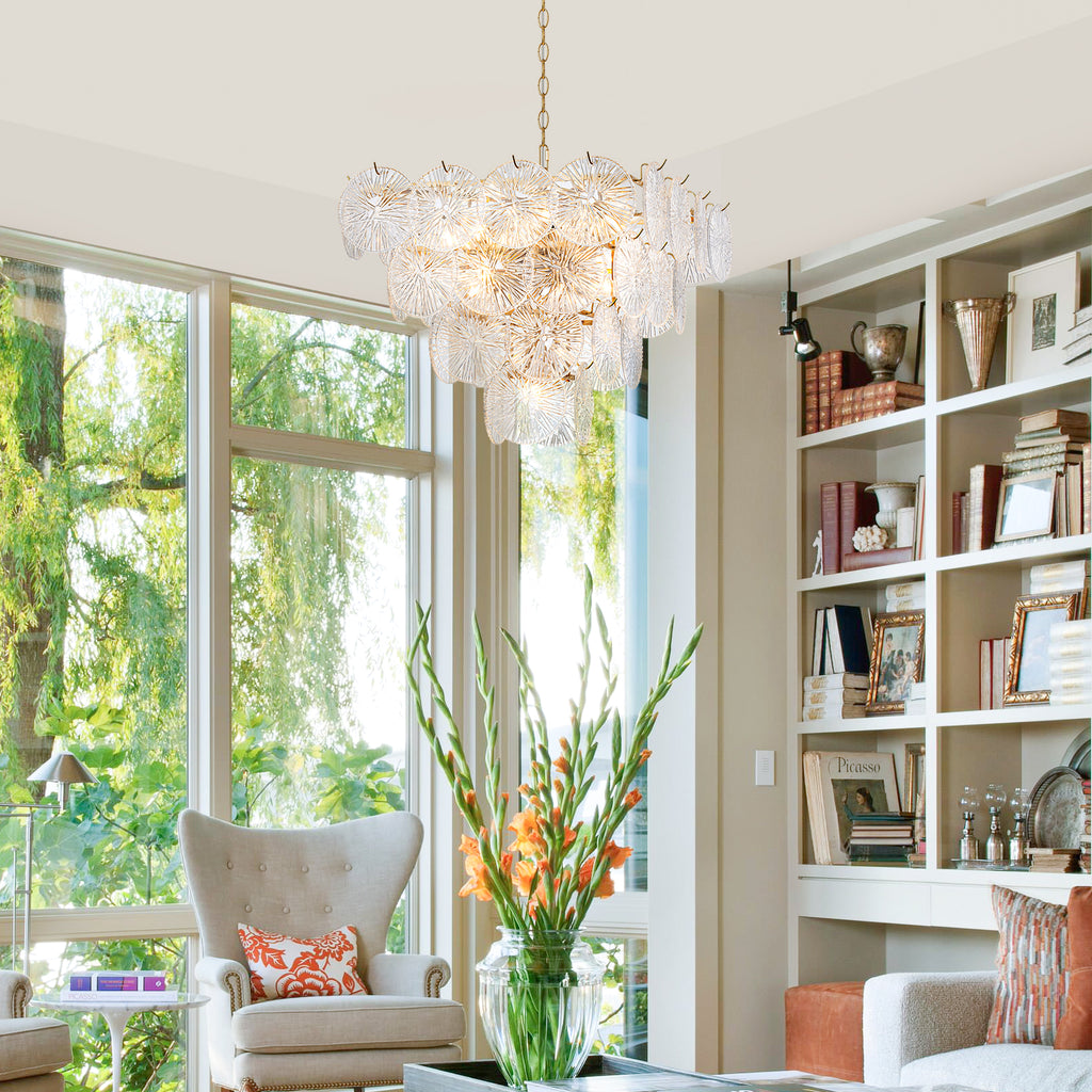 24 in. 13-Light Modern Gold Square Tiered Chandelier with Textured Clear Glass Petal Shades for Living Room
