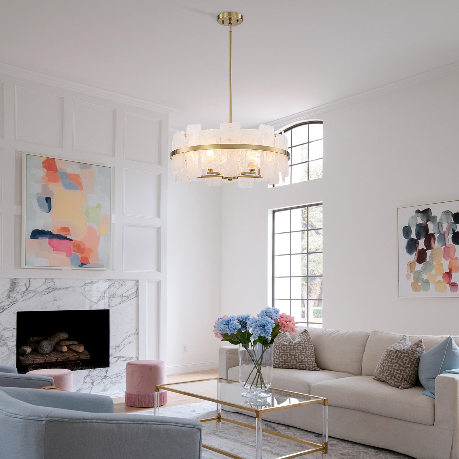 20.47 in. 5-Lights Modern Brass Metal Round Chandelier with Cloud Texture Glass for Dining Room