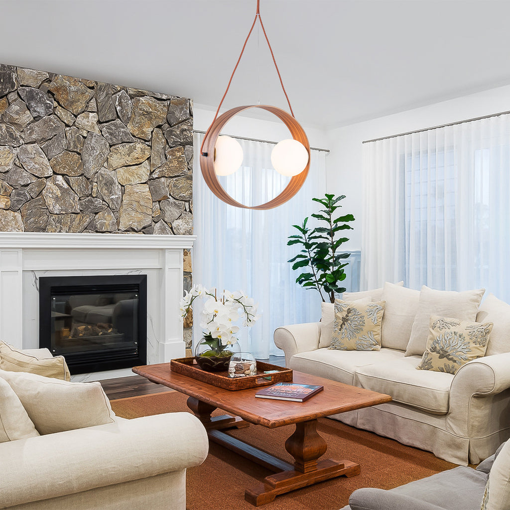 20 in. 2-Light Modern Walnut Oval Pendant Light with White Globe Glass Shades for Dining Room, Kitchen Island