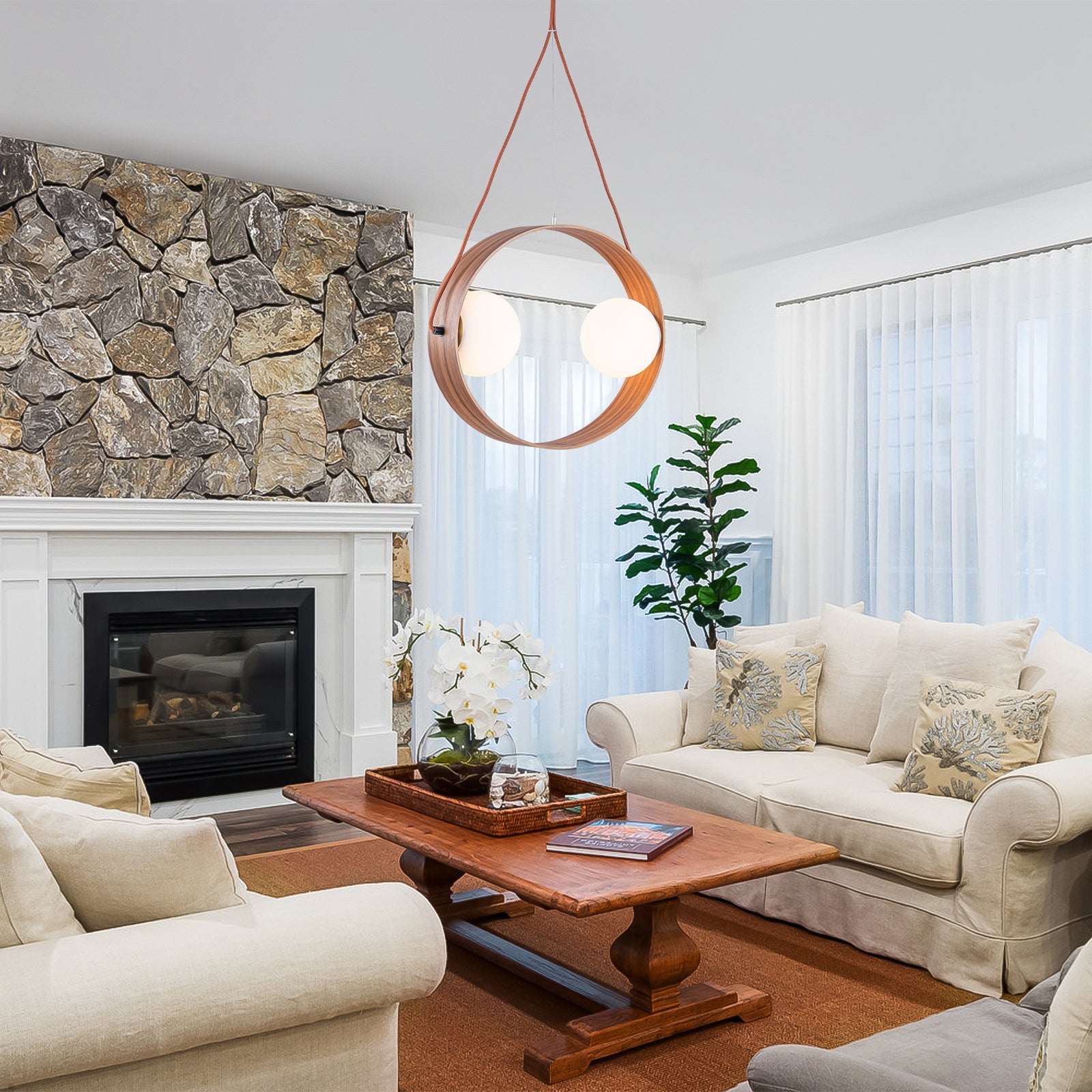 20 in. 2-Light Modern Walnut Oval Pendant Light with White Globe Glass Shades for Dining Room, Kitchen Island