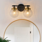 13.62 in. 2-Light Matte Black and Gold Metal Vanity Light with Clear Glass Shades for Bathroom