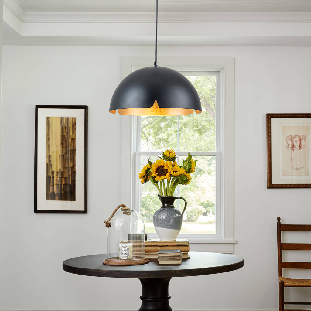 14.96 in. 1-Light Industrial Metal Black/White Dome Pendant Light with Iron Shade for Dining Rooms, Kitchens