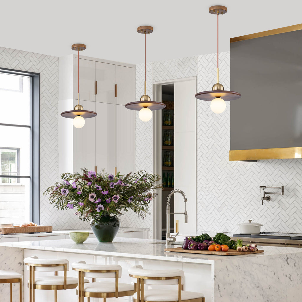 25-Watt 1-Light Modern Gold and Wood Pendant Light with White Globe Glass Shade for Bedroom