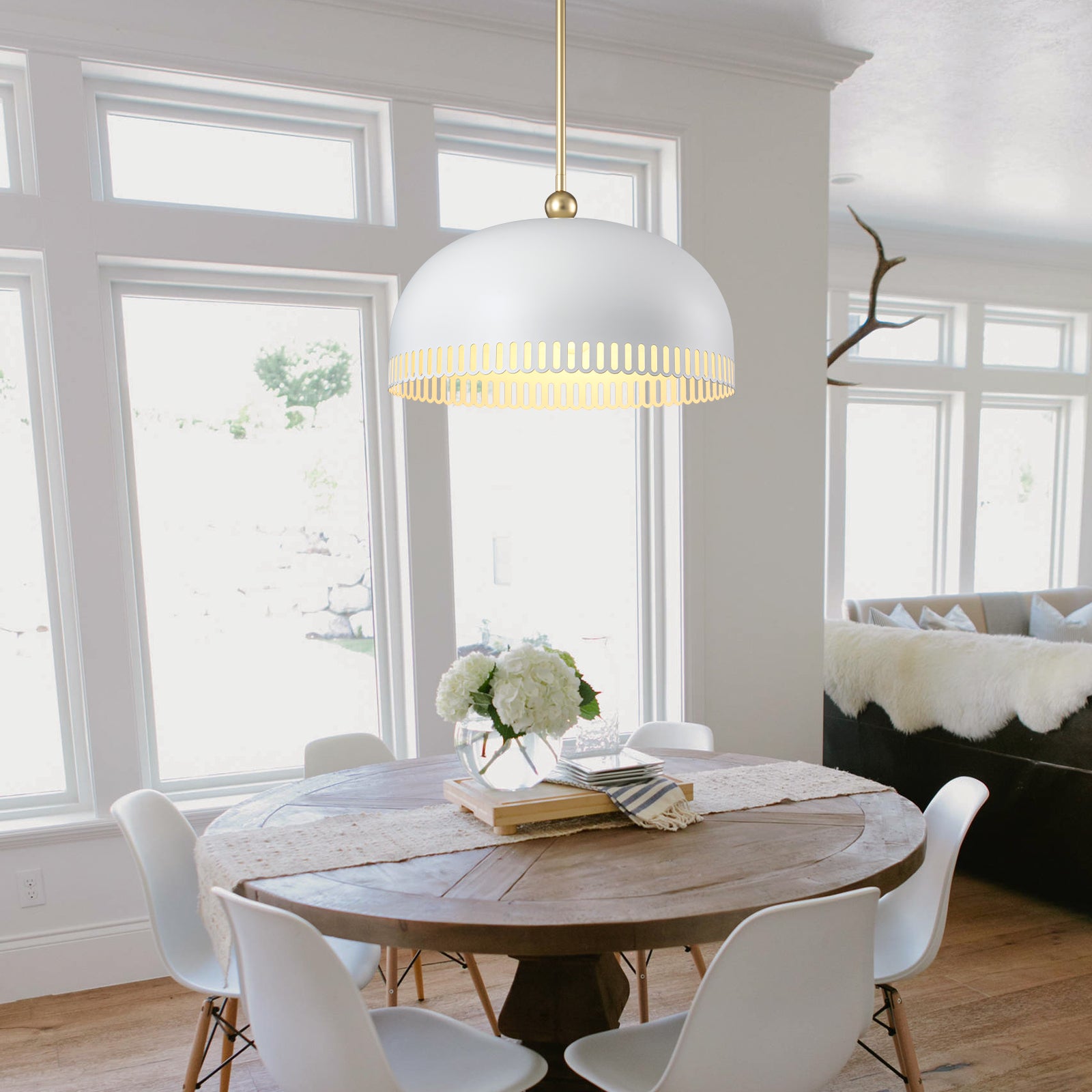 3-Light Gold Iron Semi-Domed Shape Pendant Light with Matte White Metal Shade Hollow Out Design for Living Room