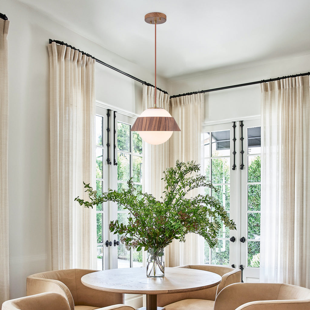 10.63 in. 1-Light Wooden Globe Hanging Pendant Light with White Glass Shade for Kitchen Island, Bedroom