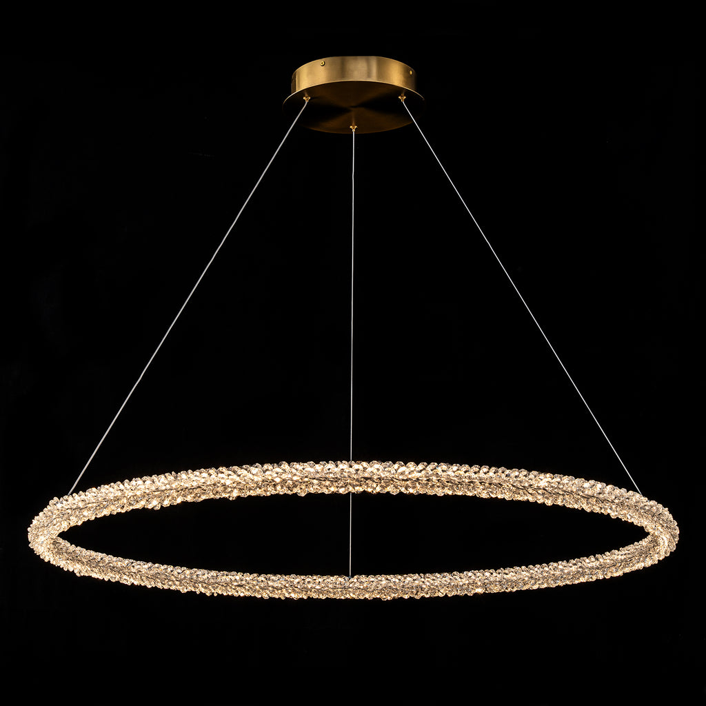1-Light Modern Gold Metal Ring Crystal Integrated LED Pendant Light Dimmable Chandelier for Dining Room