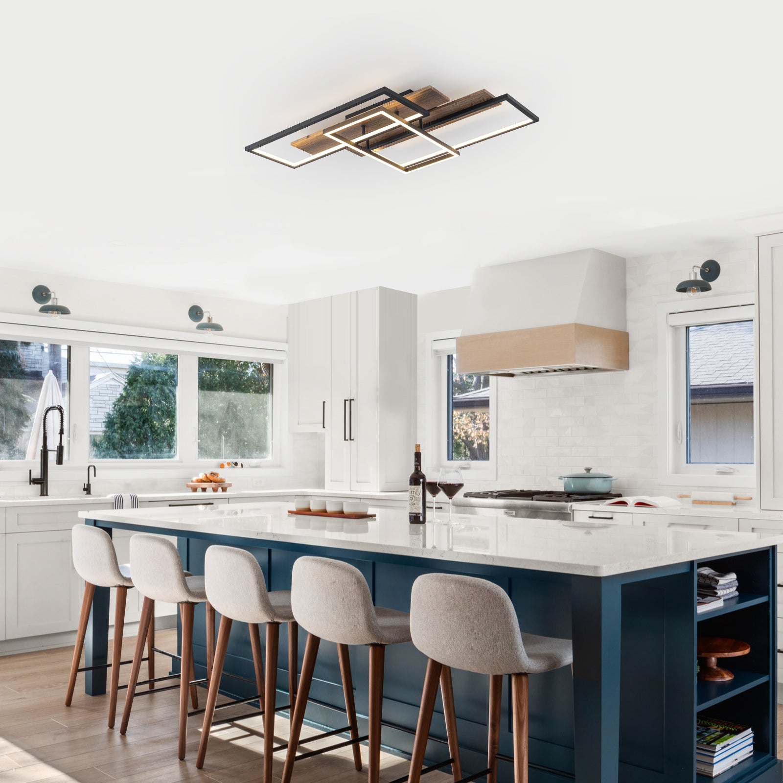 3-Light 26.77 in. Modern Black and Wood Dimmable Integrated LED Flush Mount Ceiling Light