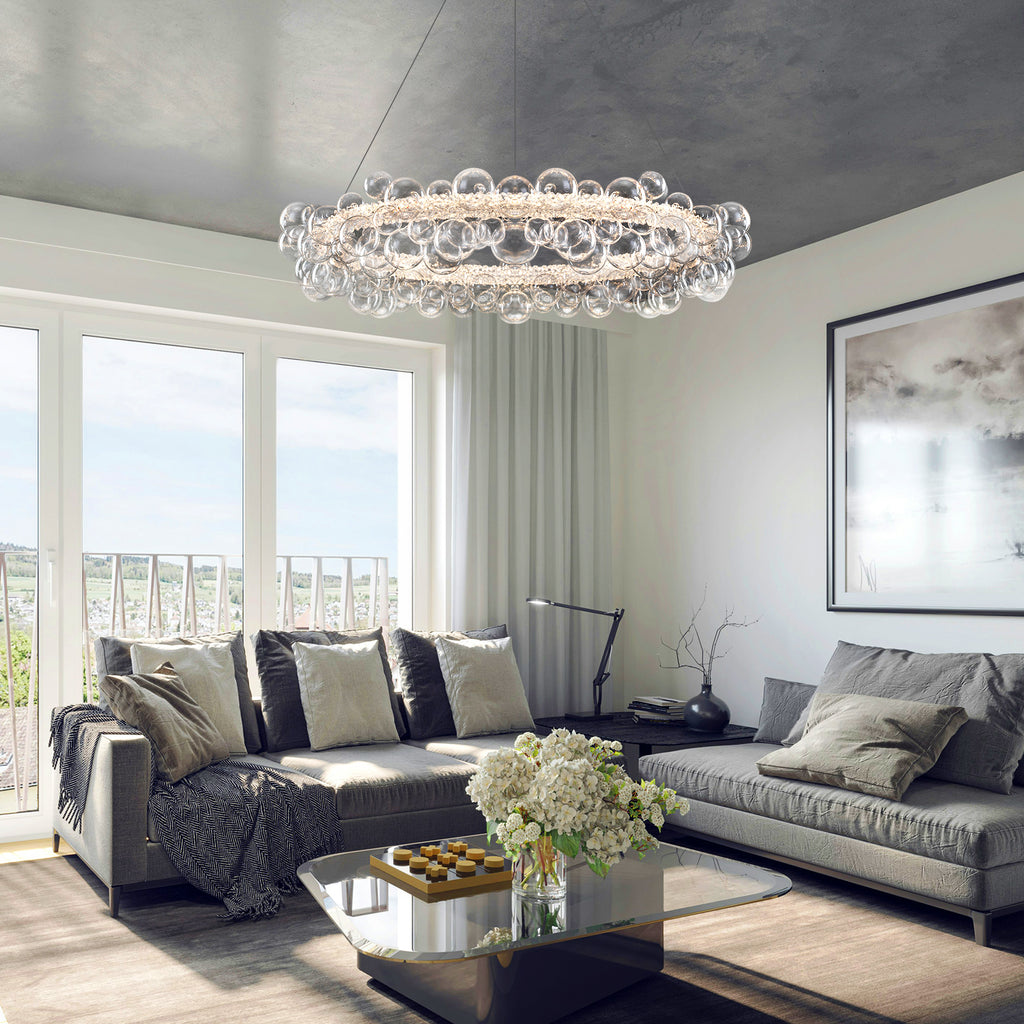 1-Light Gold Modern Round Globe Crystal Integrated LED Chandelier Dimmable Pendant Light with Glass Bubbles