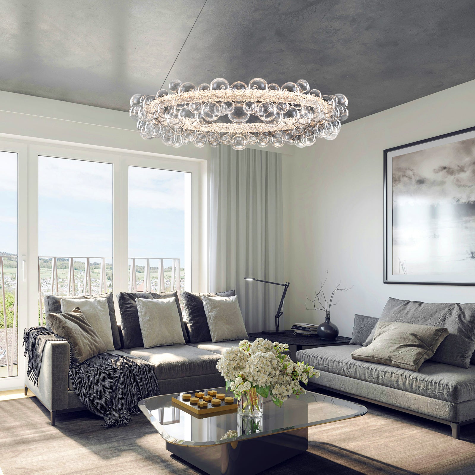 1-Light Gold Modern Round Globe Crystal Integrated LED Chandelier Dimmable Pendant Light with Glass Bubbles