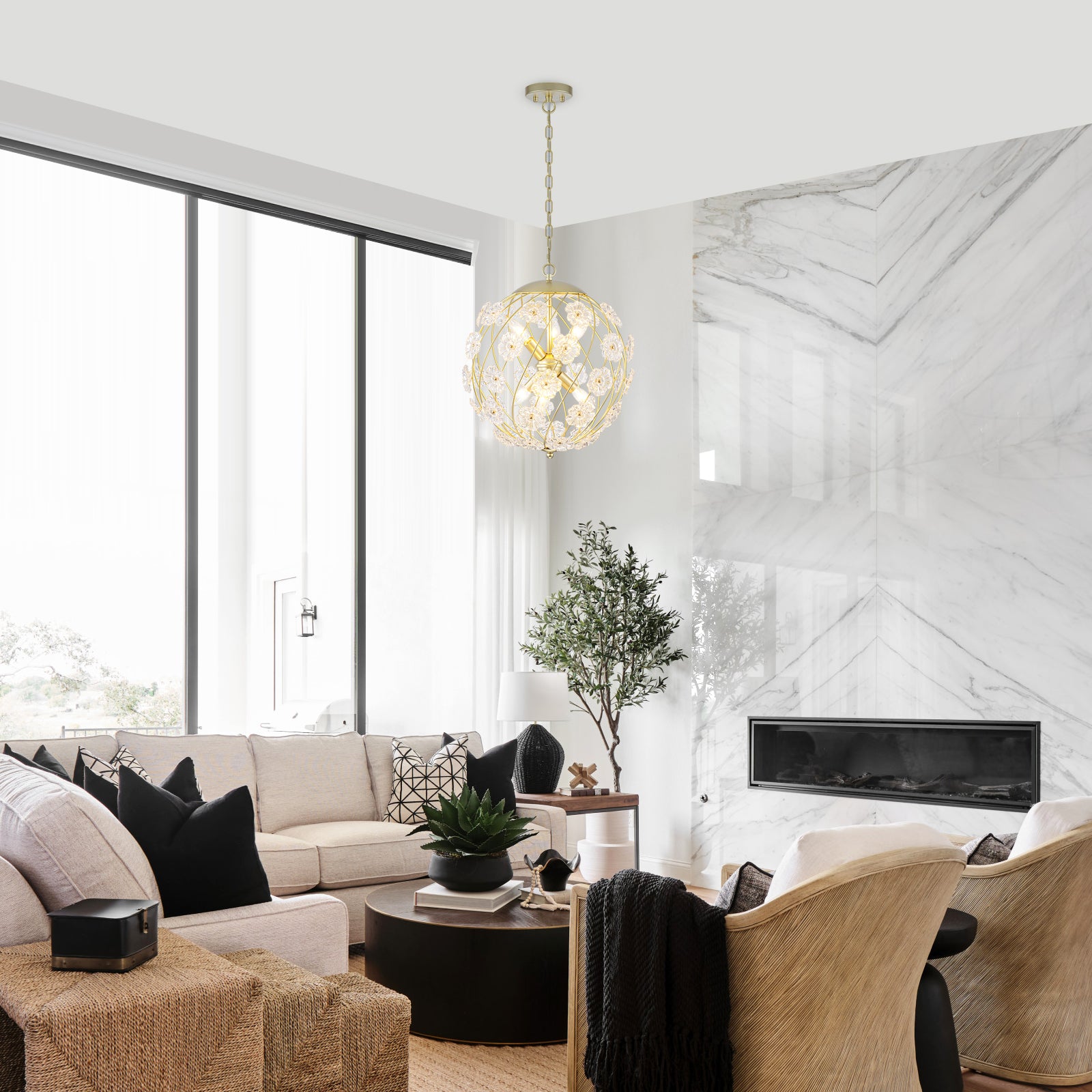 6-Light Modern Metal Gold Globe Cage Chandelier with Glass Flower Shade for Living Room, Dining, Bedroom