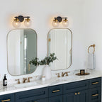 13.62 in. 2-Light Matte Black and Gold Metal Vanity Light with Clear Glass Shades for Bathroom