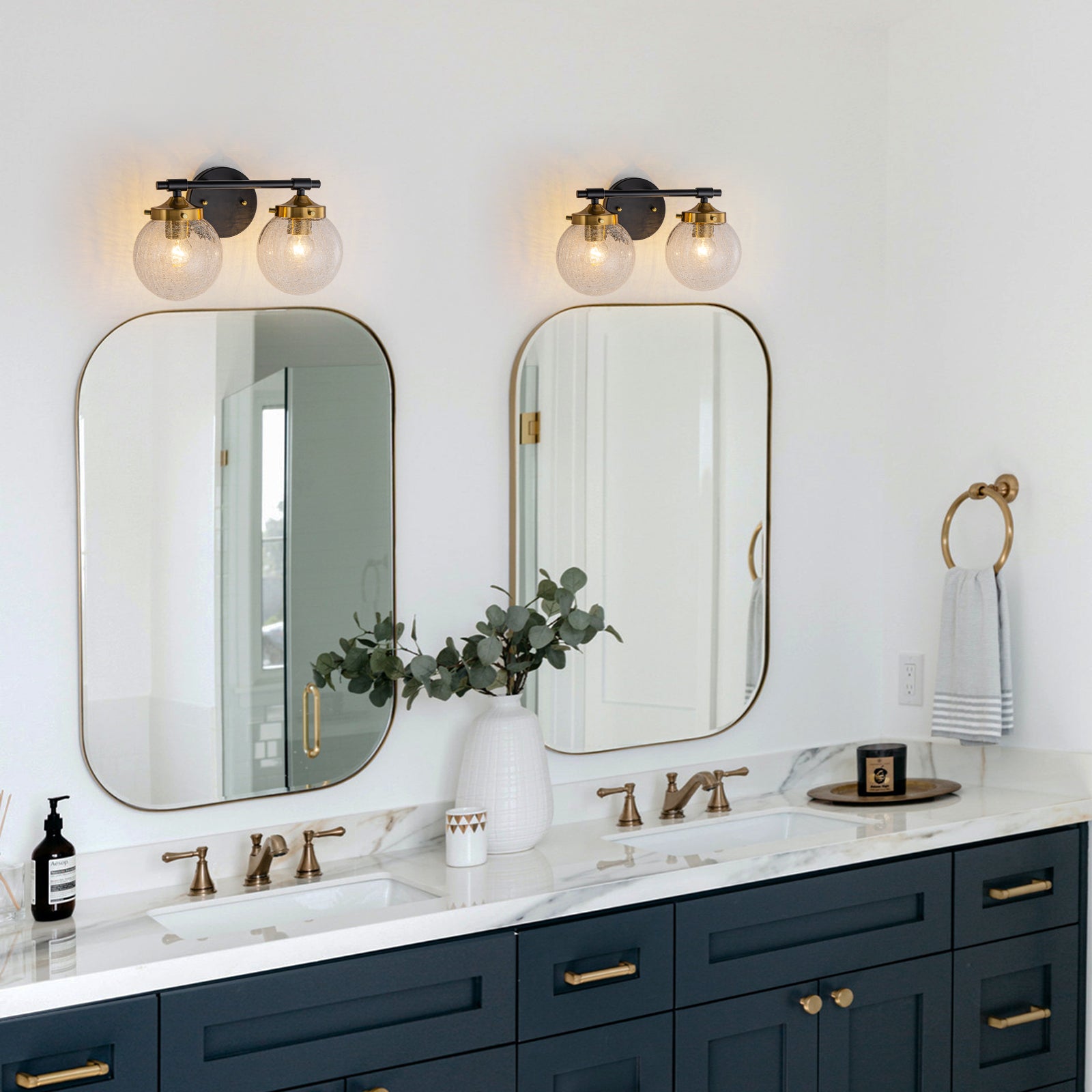13.62 in. 2-Light Matte Black and Gold Metal Vanity Light with Clear Glass Shades for Bathroom