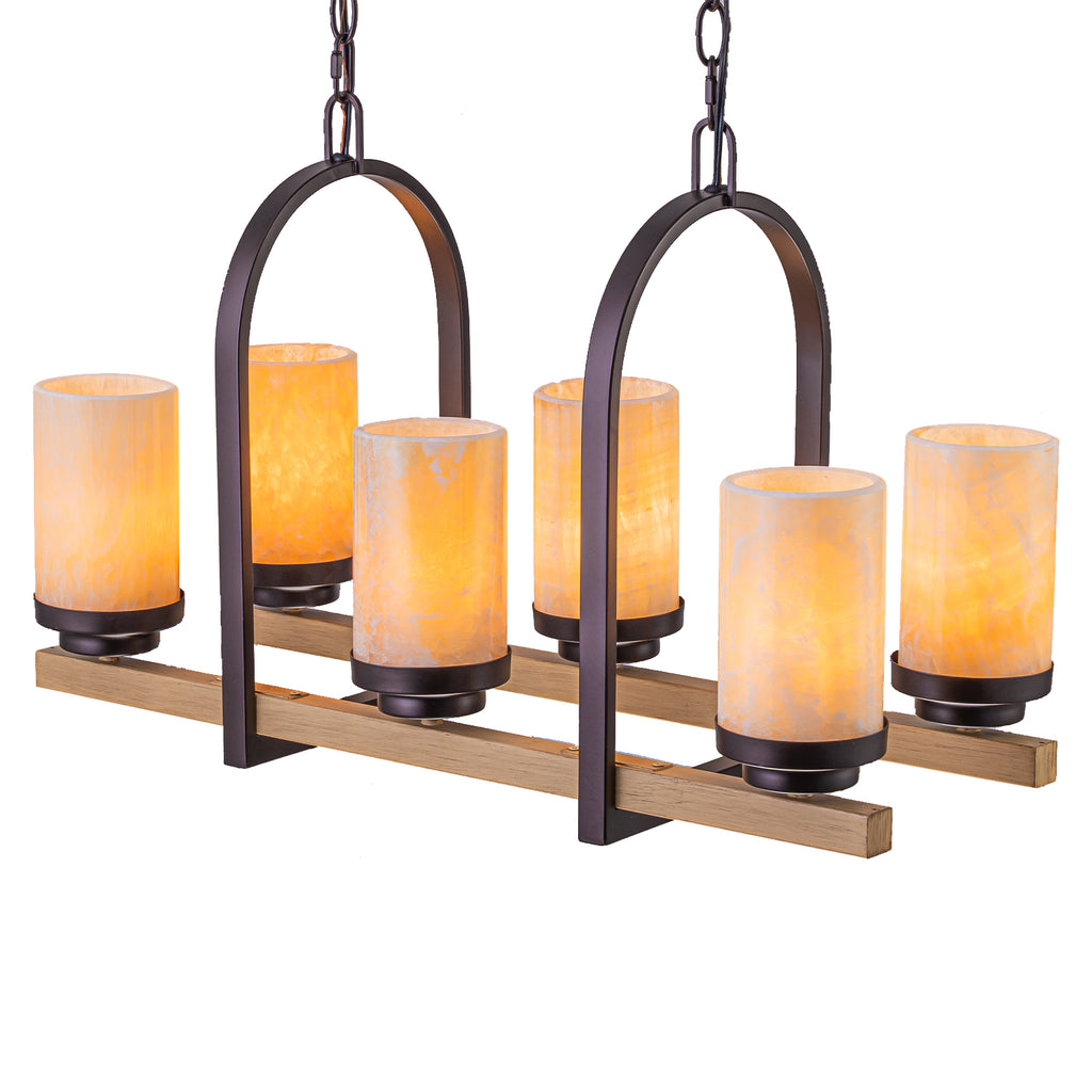 25 in. 6-Light Rustic Industrial Linear Coffee Brown Metal Pendant Light Chandelier with Marble Shades